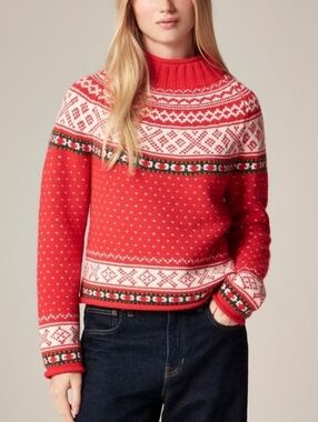 J. Crew 2025 Rollneck Sweater Fair Isle Vintage Wool Lambswool Red Small